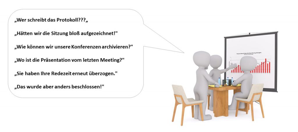 Comic Illustration von Personen die über die diskutieren, warum ein Meeting aufgezeichnet werden soll.